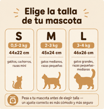 Guía de tallas Pommi S M L según peso de la mascota
