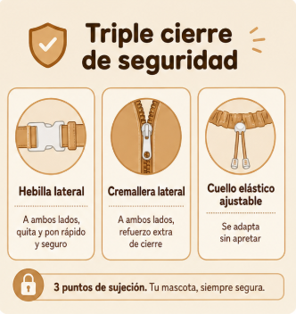 Triple cierre de seguridad Pommi: hebilla, cremallera y cuello ajustable