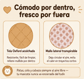 Materiales Pommi: tela Oxford acolchada y malla transpirable